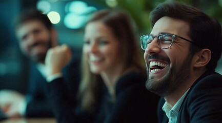 Happy business team having a meeting in the office. Business people sitting around a table and laughing while working together on a project at the workplace.