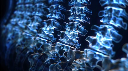 Composite X-ray image of the spine from multiple angles, highlighting scoliosis screening, high clarity, blue-tinted monochrome, clinical setting, labeled vertebrae, minimal background.