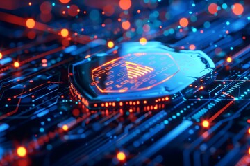 Shield with binary code, illustrating cyber defense and resilience