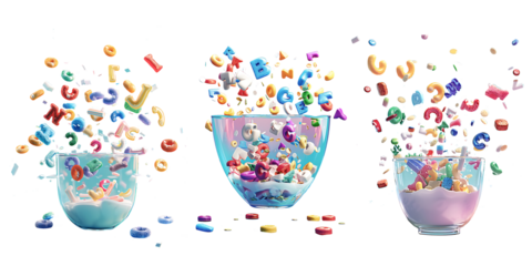 3D render of colorful cereal letters flying out from three different glass bowls