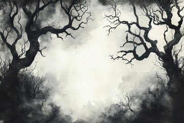 Watercolor haunted forest with twisted trees on one side, with copy space on the other side, vintage charcoal gray watercolor splash background