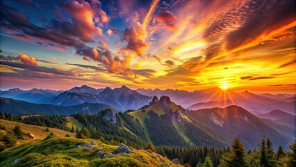 Sunset over the majestic mountains with colorful sky , sunset, mountains, landscape, nature, colorful, sky, clouds, dusk