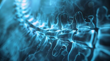 Fototapeta premium Full spinal X-ray from a lateral view, showcasing the entire spine alignment for scoliosis diagnosis, clear and sharp imaging, high-definition, monochromatic blue, clinical environment,