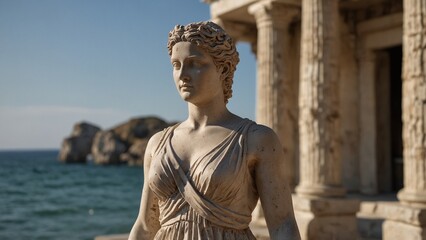 A statue of Calypso in an ancient Greek temple, with a beach and driftwood in the background.