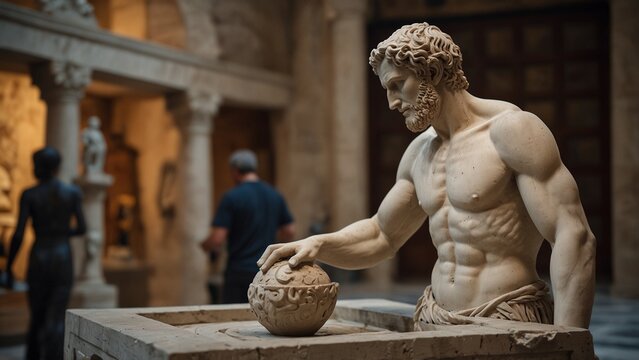 A statue of Daedalus from Greek mythology, with a labyrinth and artisan tools in the background.