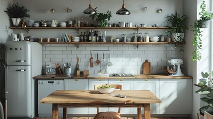 A Scandinavian-style kitchen with white cabinets, a wood countertop, a black stove, and some plants on the shelves.