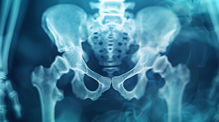 High-resolution X-ray of the pelvis in a lateral position, showing fractures and bone alignment clearly, blue monochromatic filter, minimalistic medical background, radiological context.