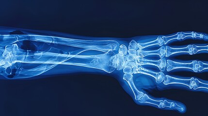 Pediatric wrist X-ray showing clear growth plates and bone development, detailed bone structure, blue monochrome, high-resolution, clinical environment, clean presentation. --ar 16:9 --v 6.