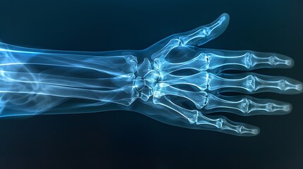 Side-view X-ray of a hand and wrist in a flexed position, highlighting the carpal tunnel and nerve compression, high clarity, blue-tinted monochrome, minimal background, medical context.