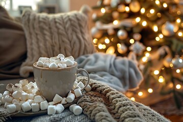 Cup of hot drink with marshmallows and knitted plaid on bed