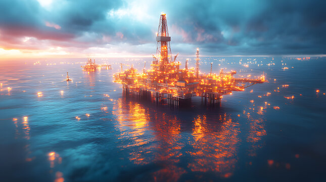 Holographic of digital Oil Drilling Platform display golden yellow lights background. Textures abstract, night view. Augmented reality in form of recognition of object. Modern energy use technology.