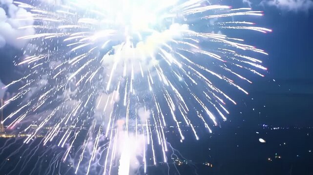 A dazzling performance of colorful explosions is accentuated by the dramatic lens flares that add an extra layer of visual interest. Light leaks bokeh