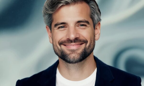 Lifestyle portrait video of a French man in his 40s against an abstract background