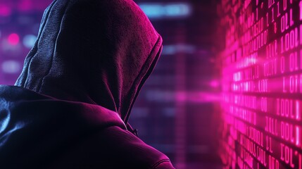 Mysterious figure in a hoodie stands before a digital wall, illuminated by vibrant binary code, symbolizing cyber intrigue.