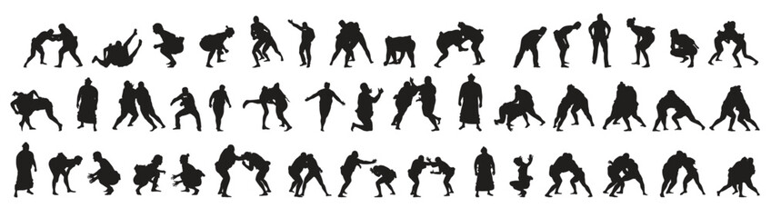 Set of Black Silhouettes of Sumo Fighters