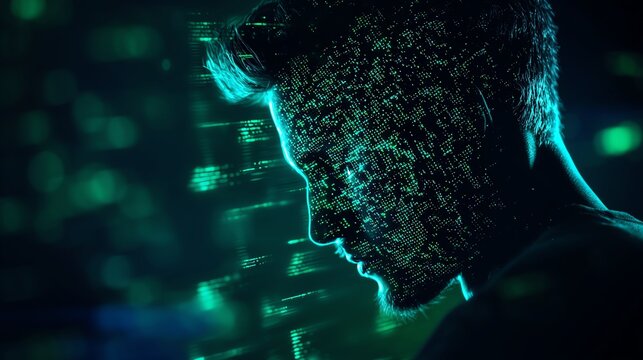 A futuristic silhouette of a person with a digital texture, representing technology and data in a vibrant virtual environment.