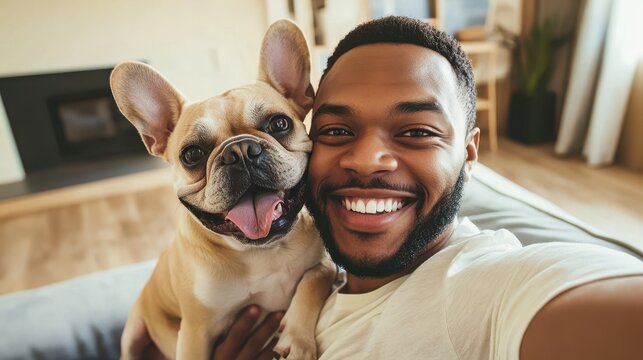 Happy man taking a selfie with his french bulldog inside a cozy and modern living room
