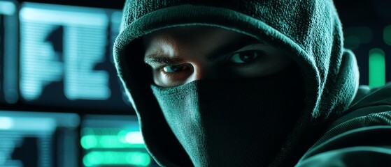 A hooded figure with intense eyes, focused on a screen, symbolizing secrecy and digital crime in a dark cyber environment.
