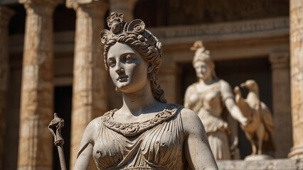 Fototapeta premium A statue of Hera in an ancient Greek temple, with peacocks and a scepter in the background.