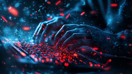 Close-up of hands typing on a keyboard with vibrant blue and red digital effects, conveying technology and innovation.