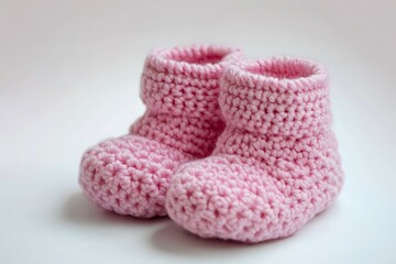 Small knitted pink socks made of wool and cotton for newborns on a white background.