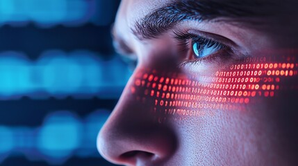 Close-up of a person's eye with digital binary code reflecting, symbolizing technology, data, and future innovation.
