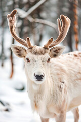 Obraz premium Portrait of a Norwegian white albino deer with large antlers against the backdrop of a winter forest. New Year's card.