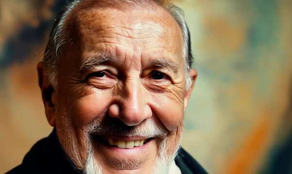 Medium shot portrait video of a French man in his 90s wearing a foulard against an abstract background