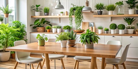Optimized kitchen table with plants, kitchen, table, plants, interior, design, modern, home, minimalist, decoration