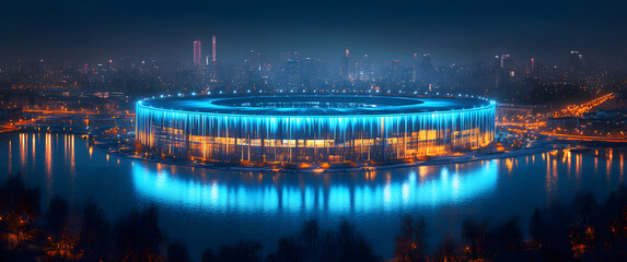 Fototapeta premium an isometric 3D smart stadium building with a highly technological aesthetic and a dynamic lighting scheme for a truly futuristic and technologically advanced sports arena design