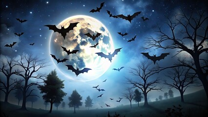 Fototapeta premium Halloween night scene with bats flying in the sky, halloween, night, scene, bats, flying, sky, spooky, creepy, October