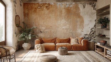 A modern living room with a warm and inviting atmosphere. The exposed brick wall adds a rustic touch to the space, while the plush orange couch and cozy throw blankets create a welcoming ambiance.
