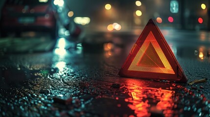 Emergency Warning Sign on a Wet Road at Night