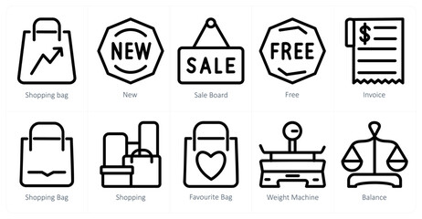 A set of 10 shopping icons as shopping bag, new, sale board