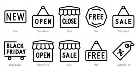 Obraz premium A set of 10 shopping icons as new, open board, close