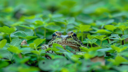 Obraz premium A cute frog peeks out from behind the grass with wide eyes of curiosity and excitement, set against a lush green background of wet marshland with small snails on leaves or stones.