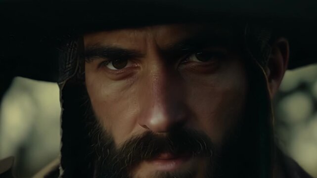 Through the shadows of his traditional hat the fierce eyes of a Russian Cossack peer into the camera in this closeup.
