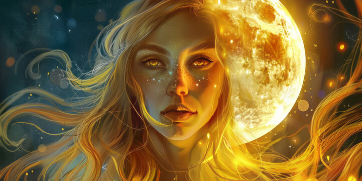 A depiction of a goddess with golden hair and eyes, with her face split between the sun and the moon, in bright colors and a fantasy illustration style.