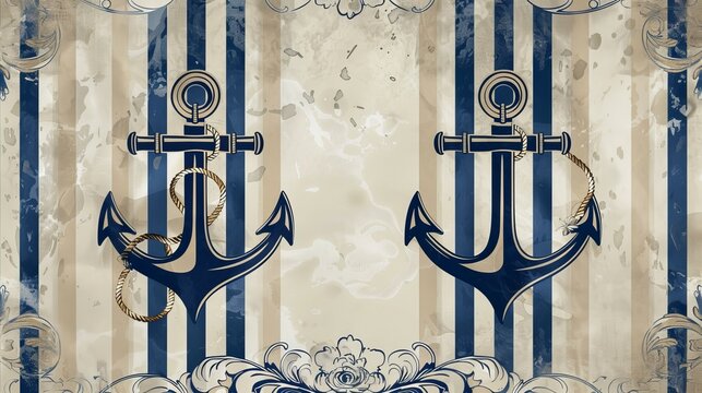 Modern minimalist nautical wedding invitation with navy blue stripes and anchor illustrations.