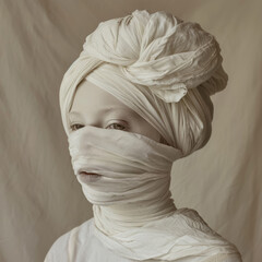 A beautiful pale woman with white skin, wrapped in cloth around her head and shoulders, against a beige background in a fashion and beauty shot.