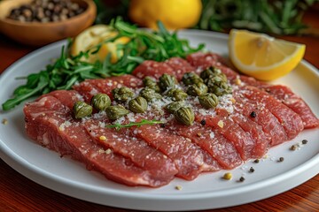 A close-up shot of a raw beef carpaccio, thinly sliced and arranged on a white plate. Topped with capers, coarse salt, pepper, and a sprinkle of herbs. Lemon wedges and arugula are placed beside the b