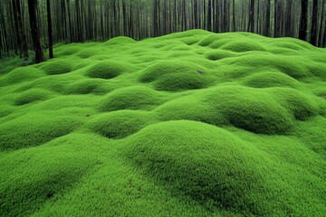 A surreal landscape featuring a forest floor covered in a thick, vibrant green moss with undulating mounds. 