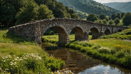Fototapeta premium An ancient stone bridge spanning a clear stream, flanked by lush meadows and open flower fields.