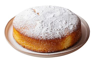 Naklejka premium A fluffy cake with powdered sugar on top, on a white plate, isolated against a blank background.
