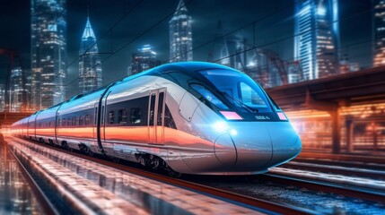 Fototapeta premium A silver train is traveling down a track in a city at night