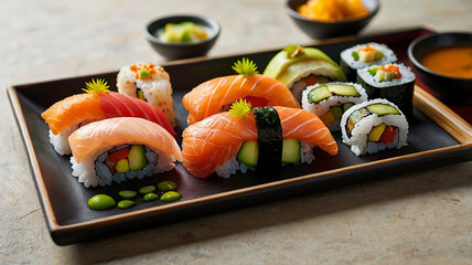 A Beautifully Arranged Platter Of Assorted Sushi, Featuring Vibrant Colors, Garnishes, And Dipping Sauces, Restaurant Food Menu Image