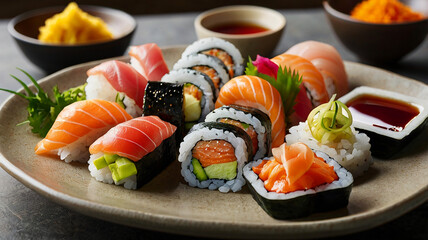A Beautifully Arranged Platter Of Assorted Sushi, Featuring Vibrant Colors, Garnishes, And Dipping Sauces, Restaurant Food Menu Image