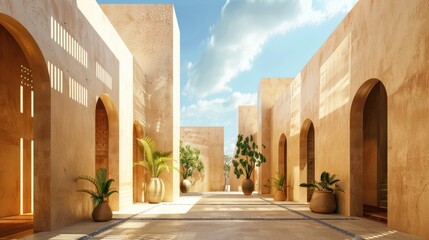 Contemporary eastern architecture with beige walls under a blue sky. Tropical design concept backdrop