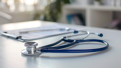 Stethoscope on white desk alongside medical clipboard