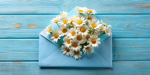 Obraz premium Spring chamomile flowers tucked in a blue envelope , chamomile, flowers, spring, blue envelope, nature, blooming, seasonal